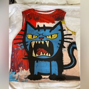 Unique Pop Art Style Blue Angry Cat Graphic Tank Top  Unisex Med